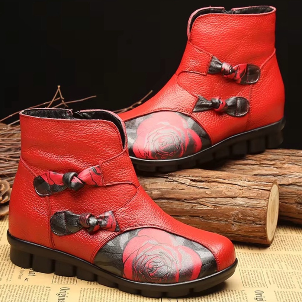 Retro Elegant Red Ankle Boots with Black Floral Design made in Germany size 6.5